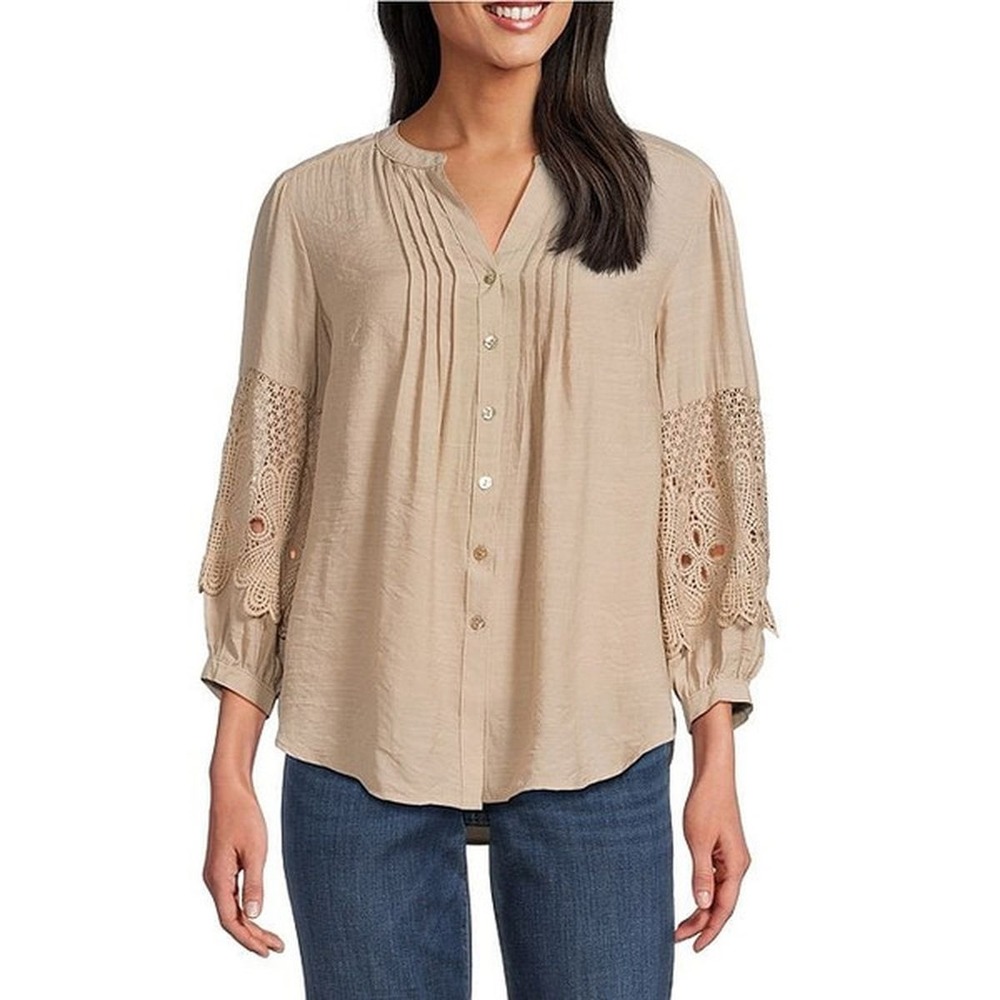 Anthropologie‎ FIG + FLOWER Split V-Neck Applique Peasant Beige Blouse Size L